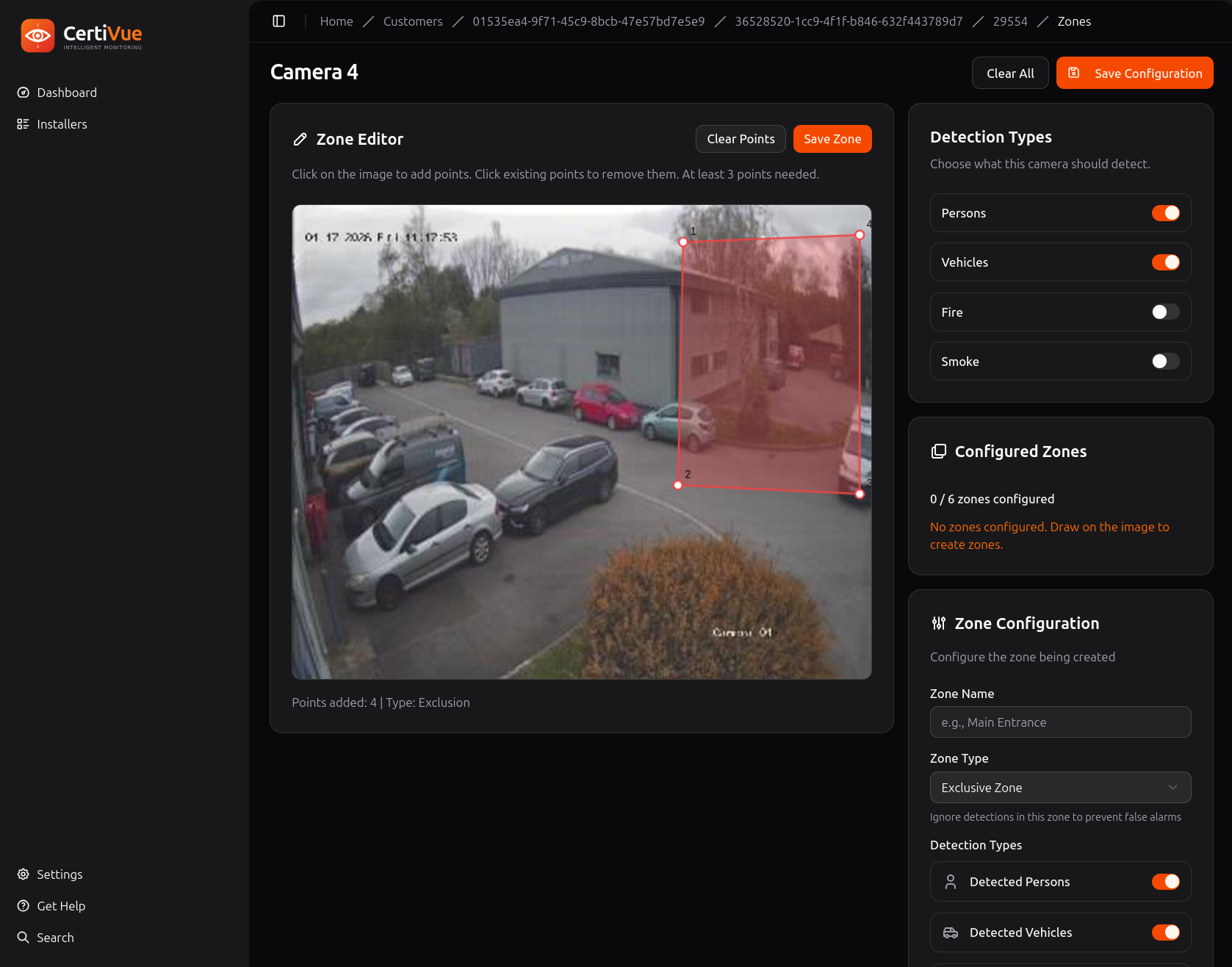 Certivue zone tool with inclusion and exclusion regions on camera view